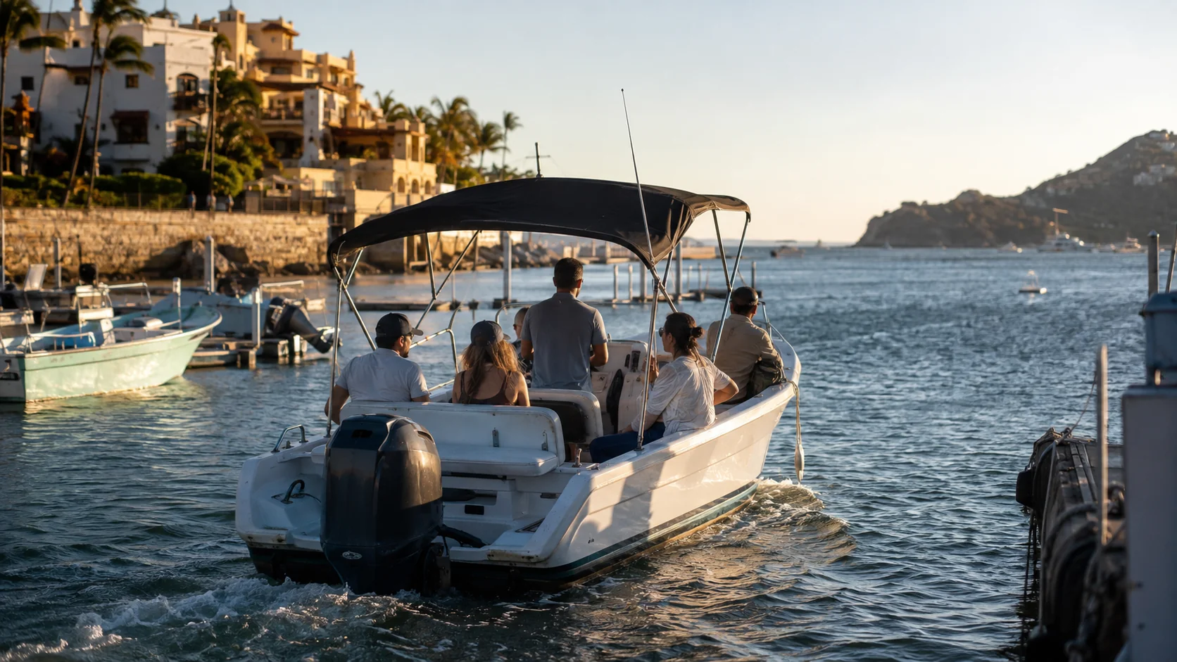 Lancha turística saliendo de la marina al amanecer, con pasajeros mirando hacia la costa