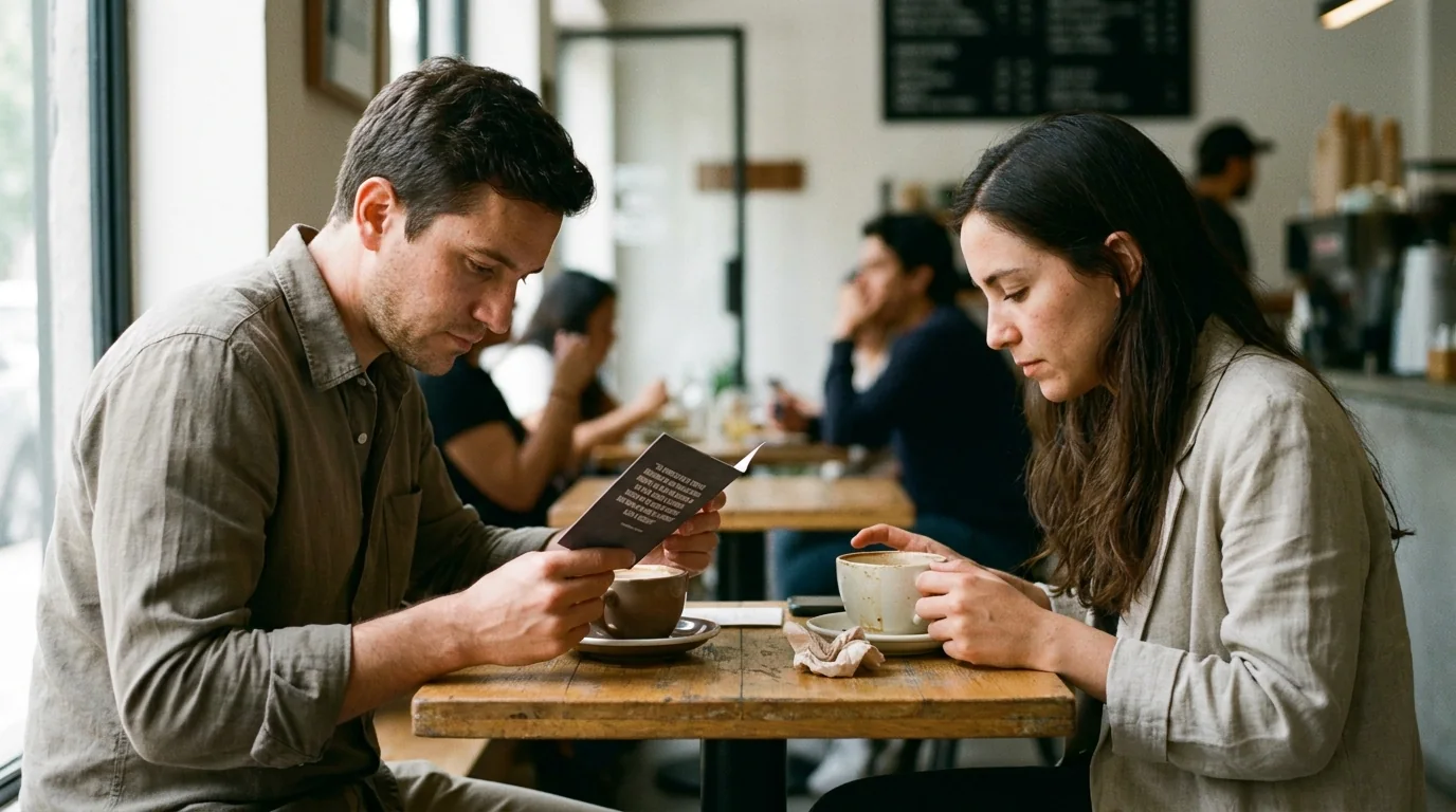Dos personas en una mesa de café revisan juntas una cotización impresa