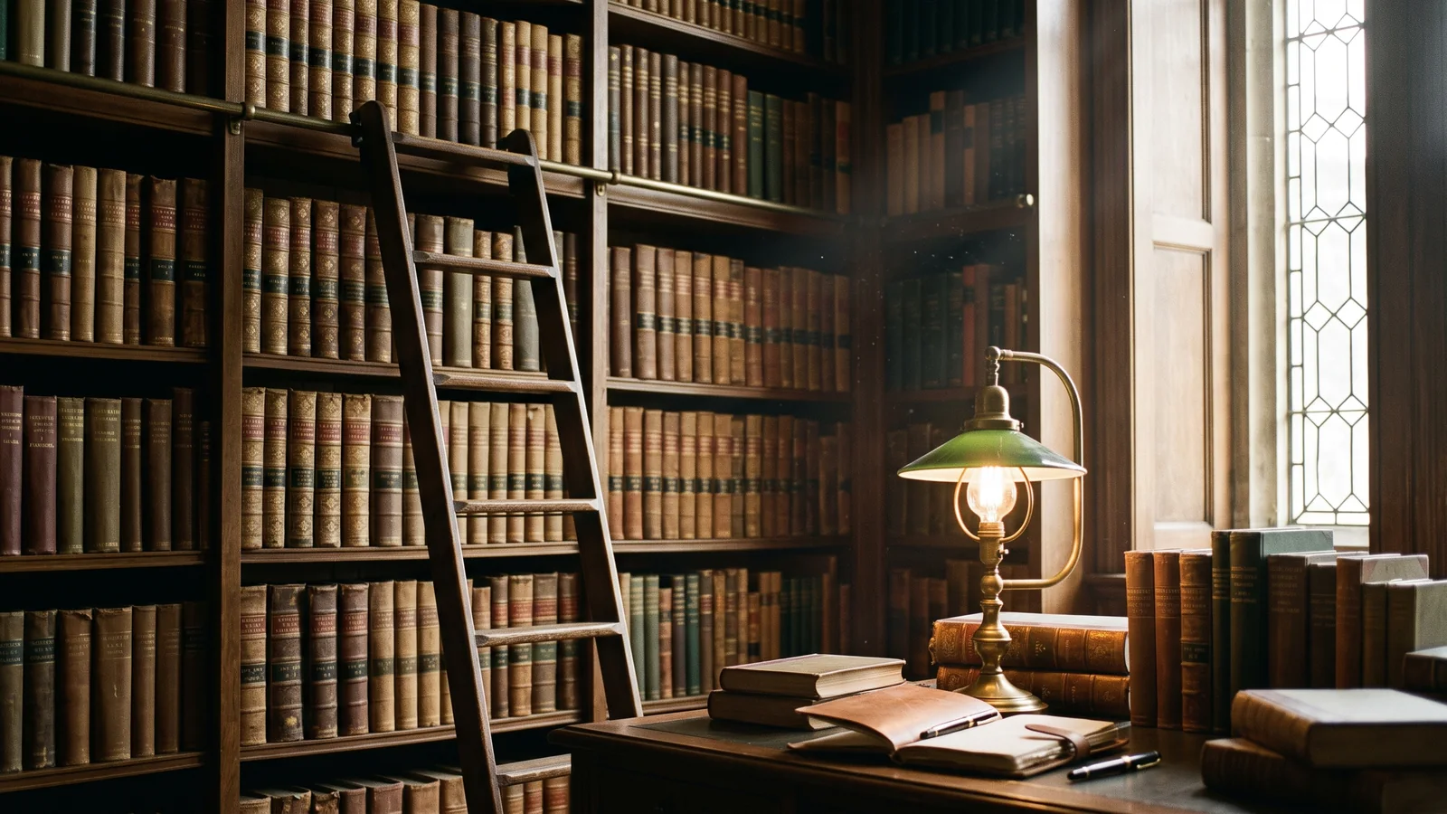 Detalle de una biblioteca de derecho, libreros de madera con volúmenes encuadernados, escalera y lámpara de lectura