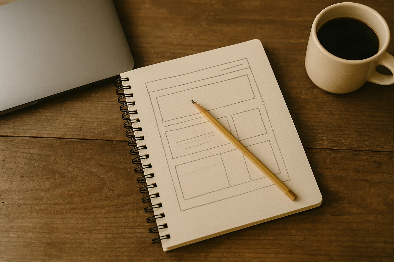 Cuaderno con la estructura de un sitio dibujada a lápiz, junto a una laptop cerrada