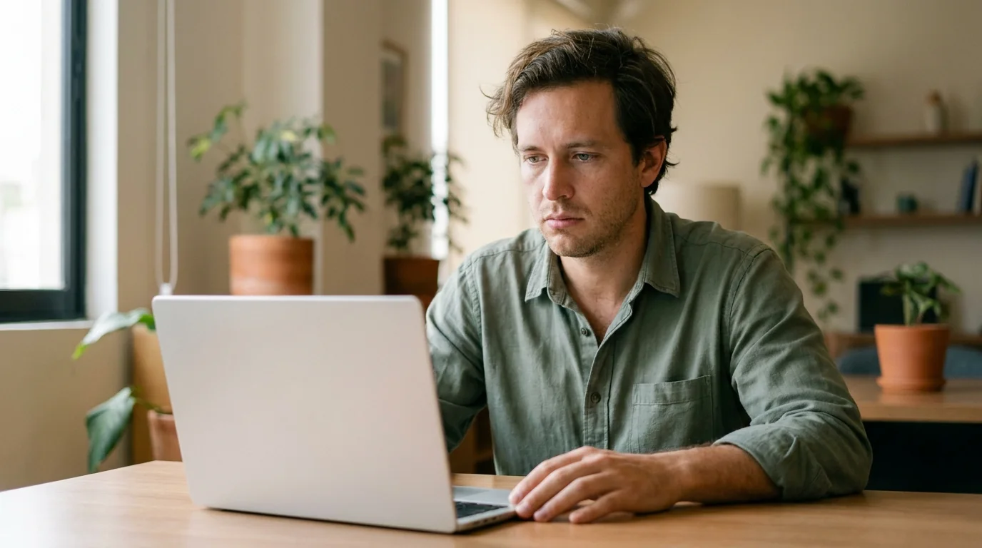 Un hombre frente a la pantalla de su laptop, esperando un mensaje que no llega