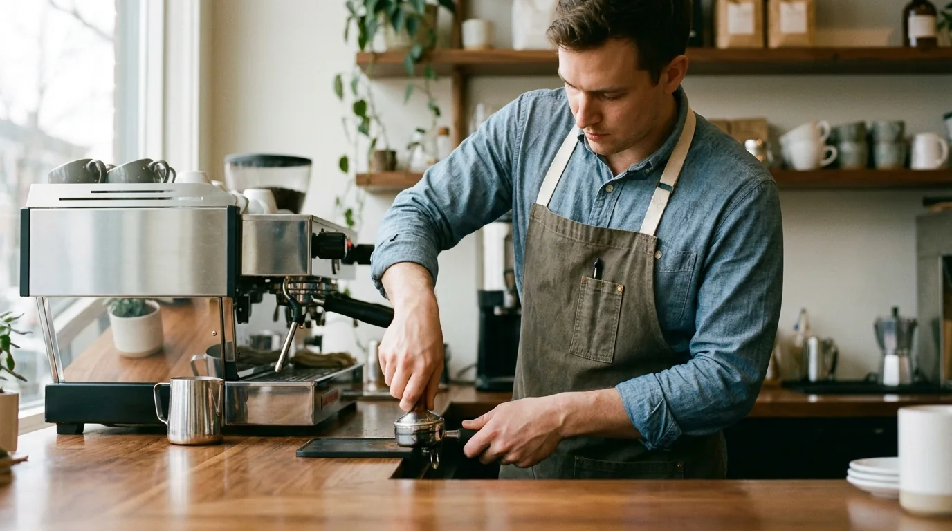 Barista preparando café detrás de la barra de una cafetería pequeña, a media mañana