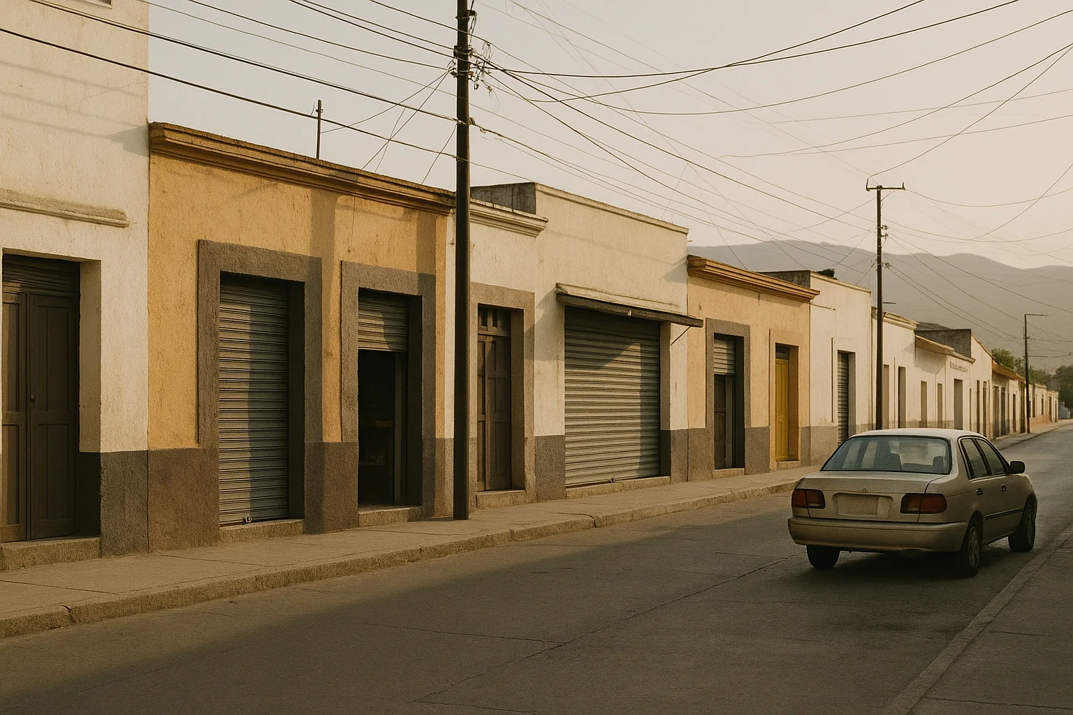 Calle de negocios locales en una ciudad del norte de México a primera hora de la mañana