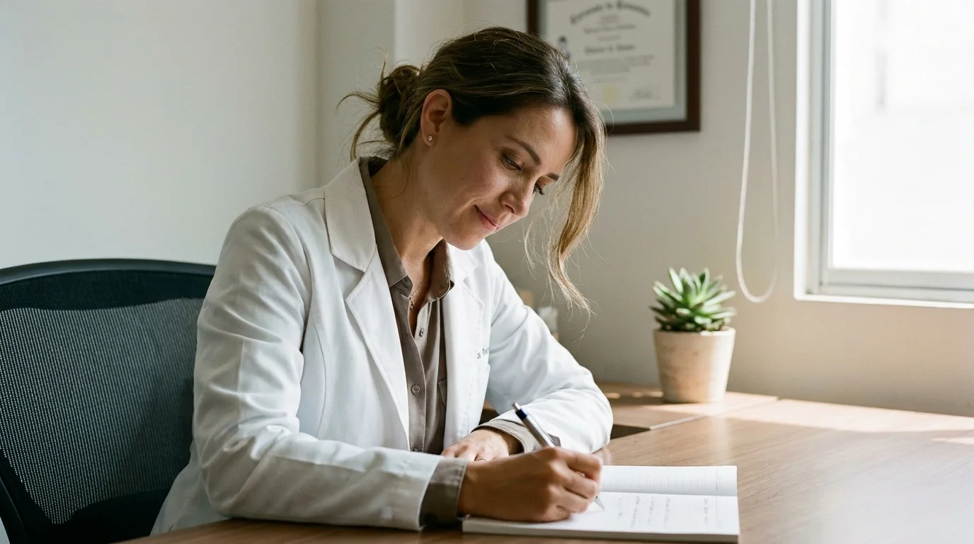 Médica revisando la agenda del día en el escritorio de su consultorio, con la puerta abierta al fondo