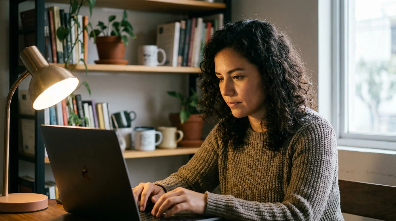 Una mujer escribiendo en su laptop en un escritorio junto a la ventana, con libreros detrás