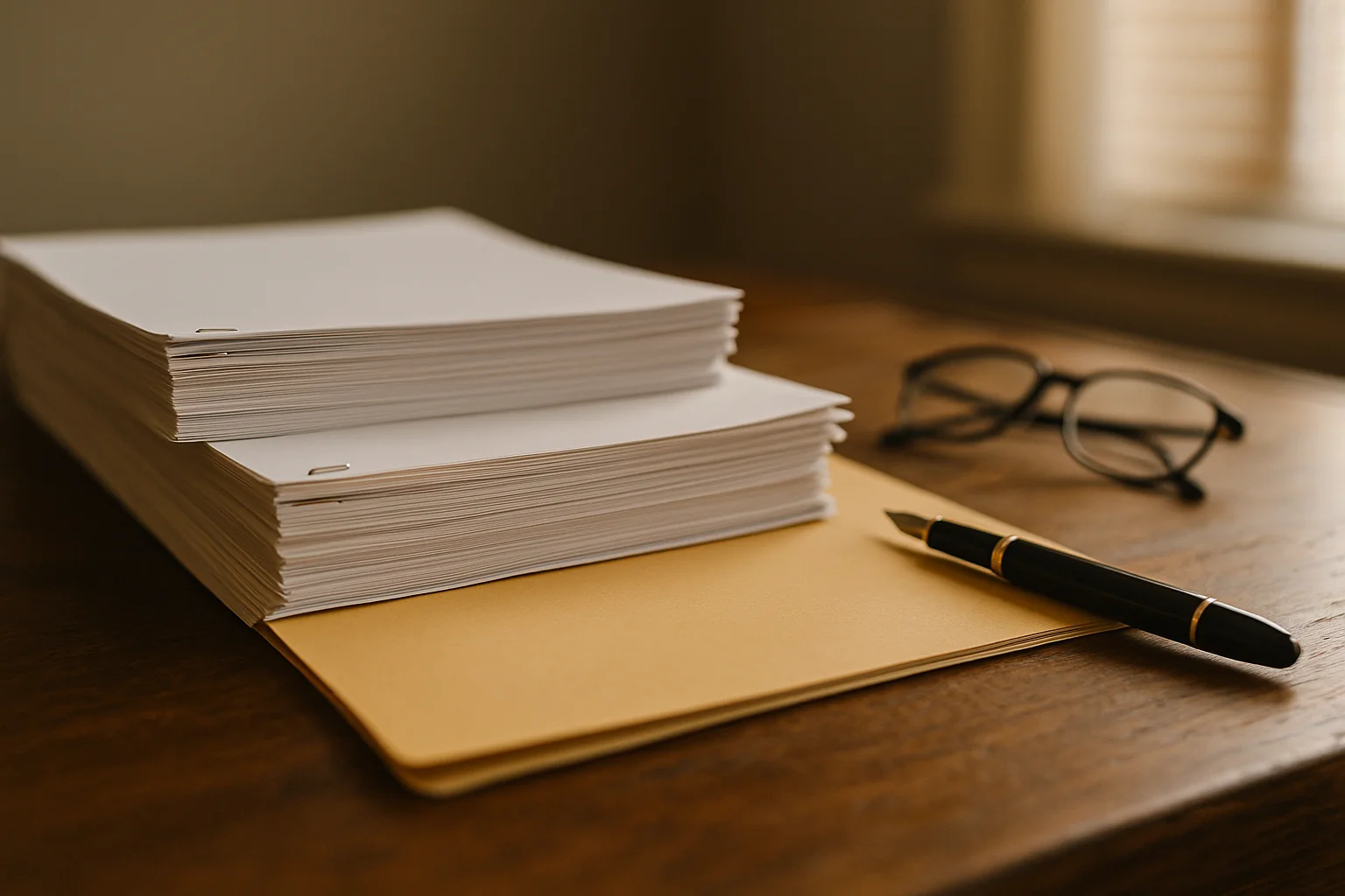 Dos presupuestos impresos apilados sobre un escritorio, con una pluma y unos lentes