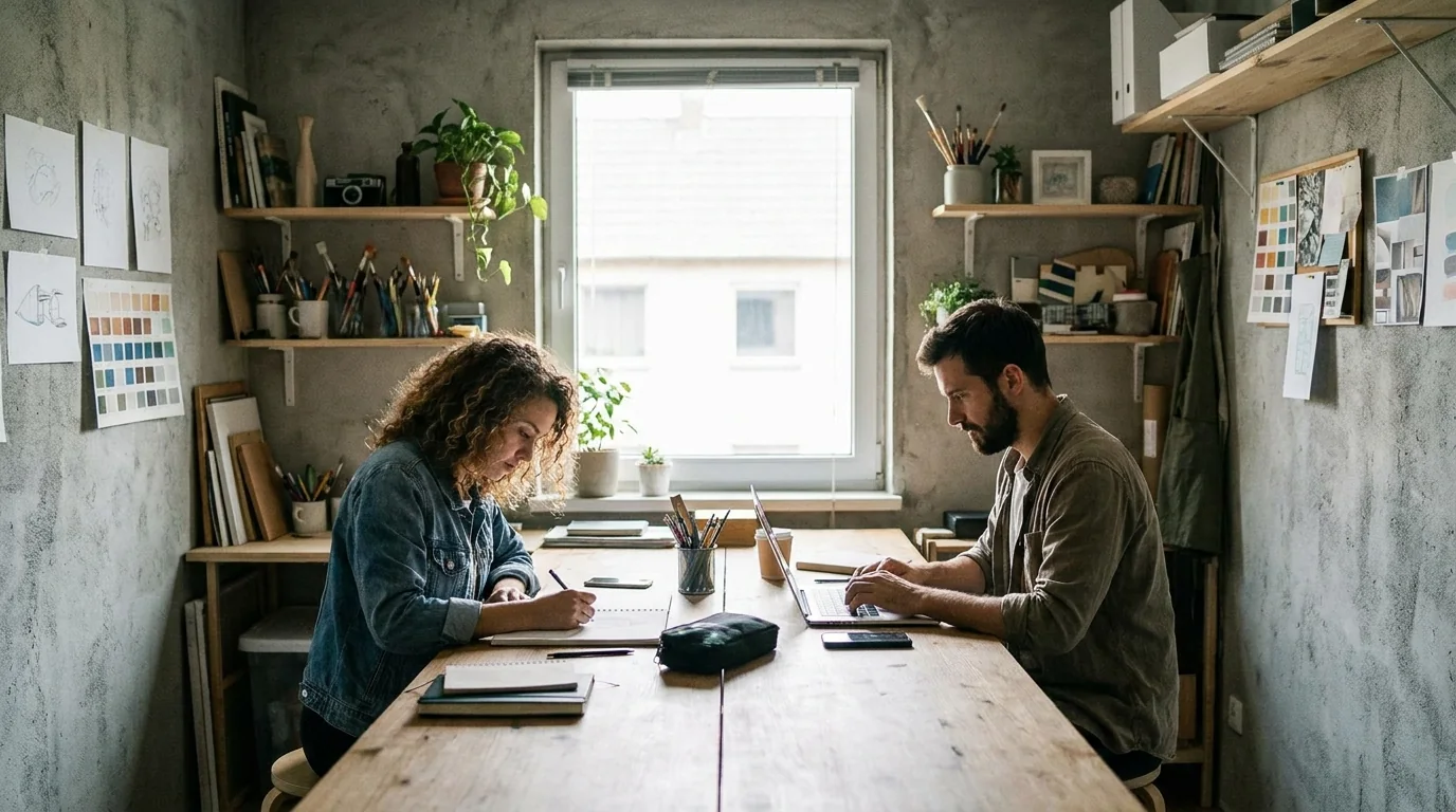 Dos personas trabajando en una mesa larga de un estudio pequeño, cada una en lo suyo