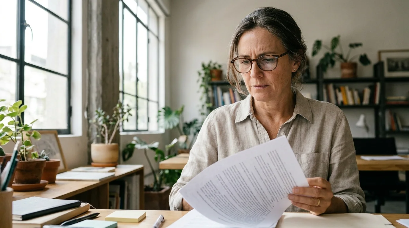 Una mujer con lentes lee una propuesta impresa en su escritorio, junto a la ventana