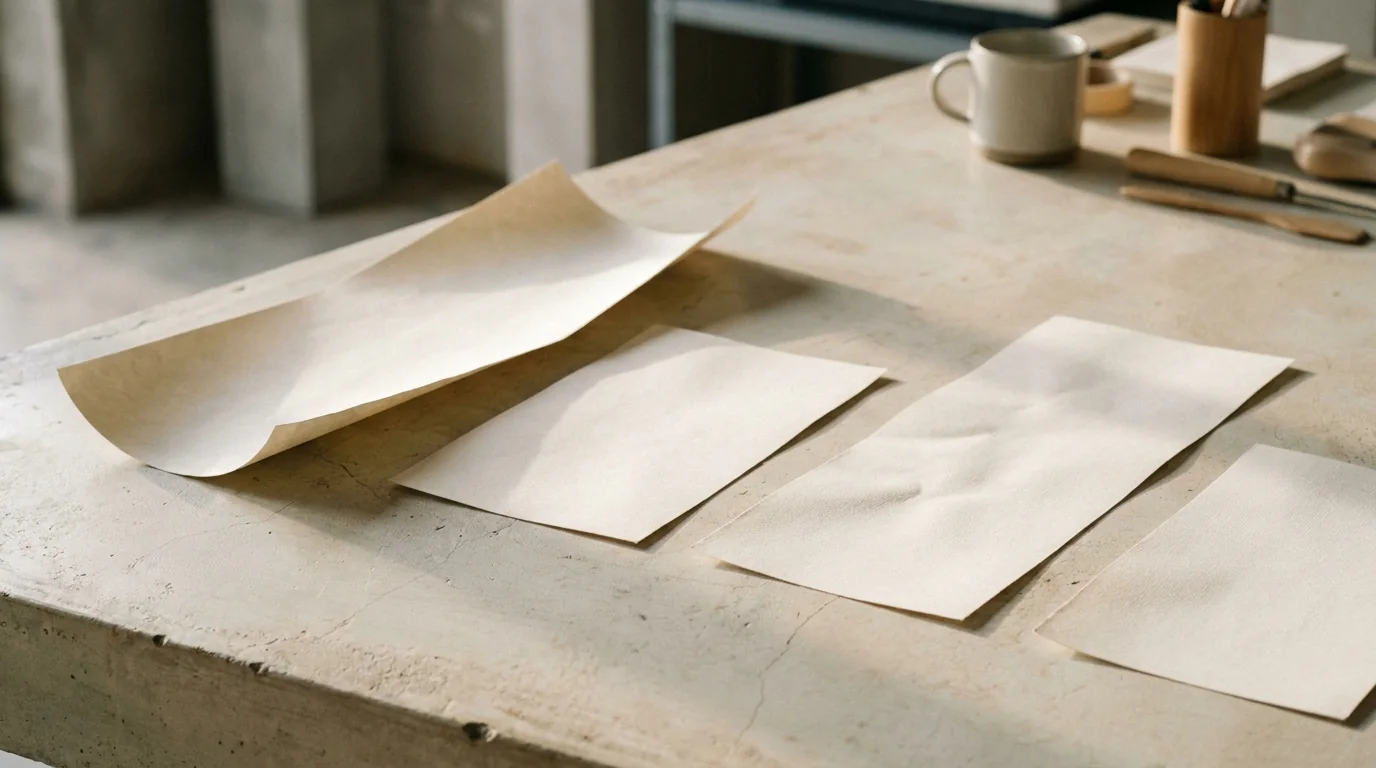 Pliegos impresos de distinto tamaño ordenados sobre una mesa clara, uno más largo que el resto