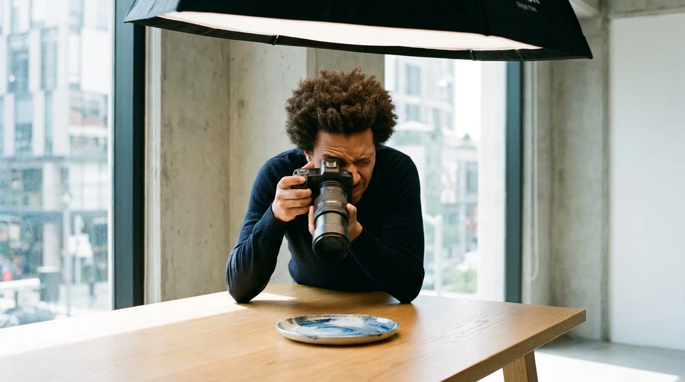 Un fotógrafo se inclina para fotografiar un plato de cerámica bajo un softbox
