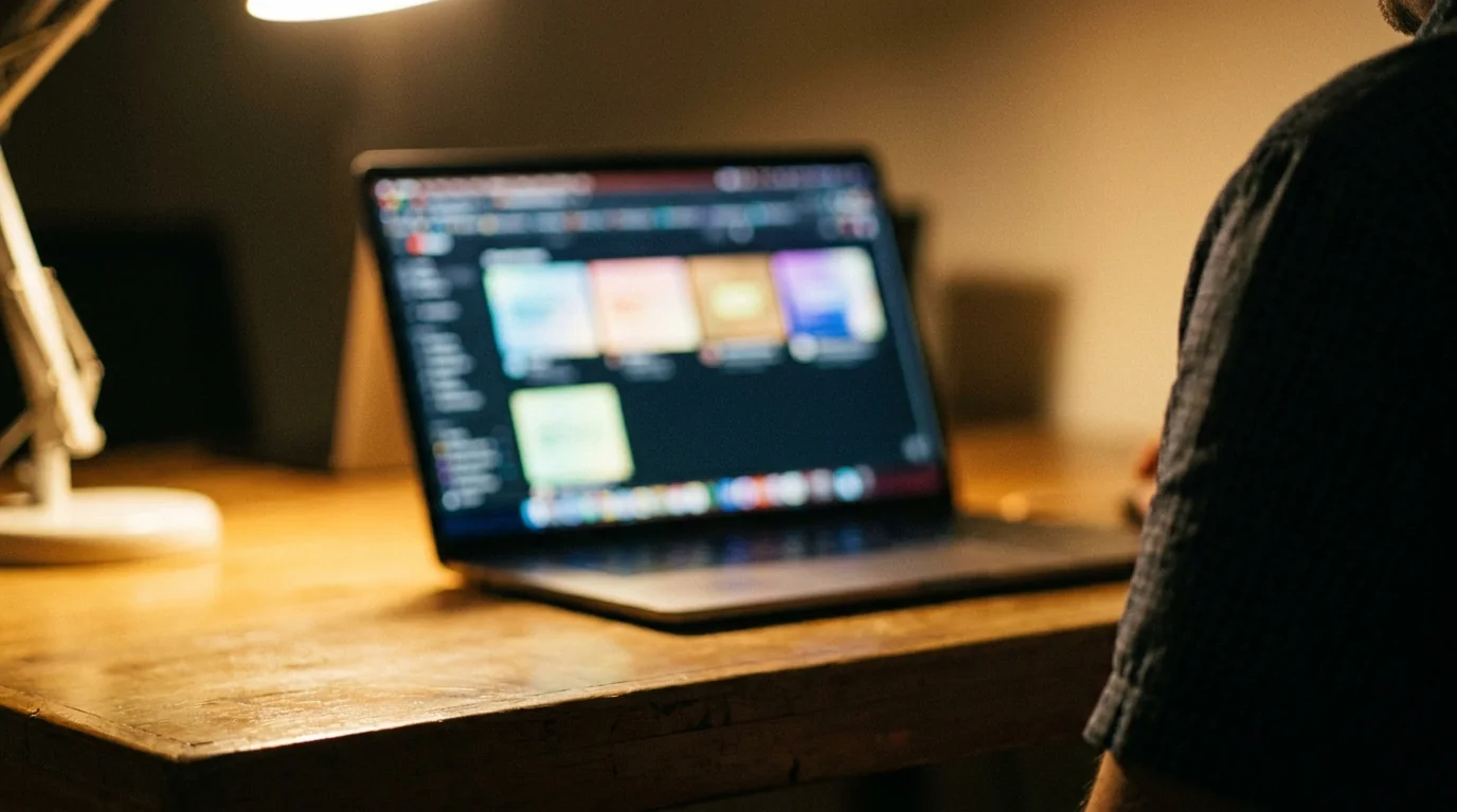 Pantalla de computadora con una interfaz de edición abierta, vista de lado en un escritorio junto a la ventana