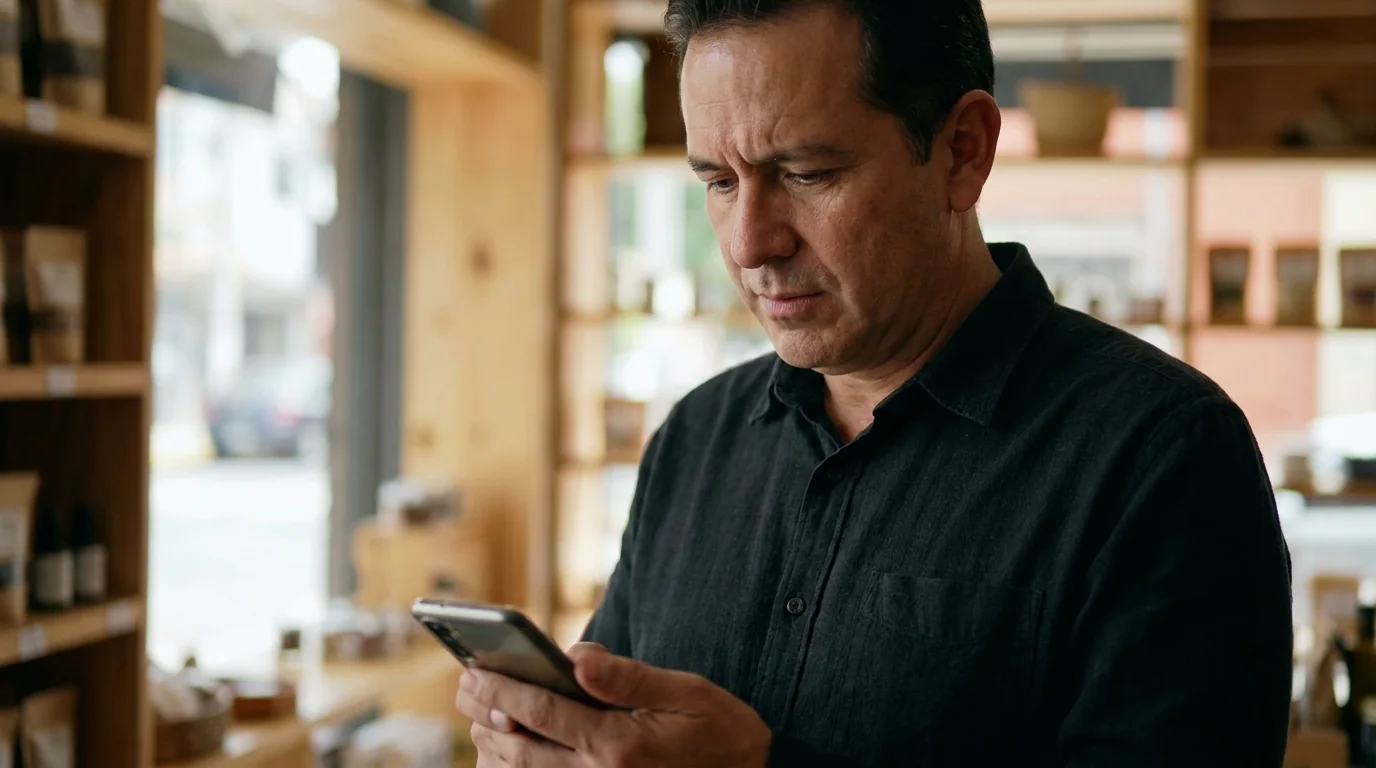 Dueño de un negocio revisando en su celular cómo aparece su local, de pie junto al mostrador