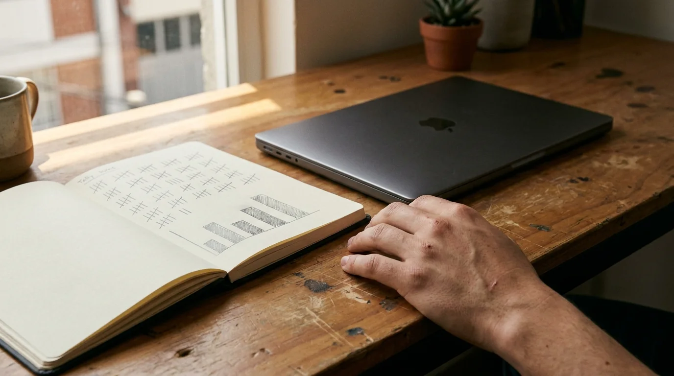 Libreta abierta con anotaciones a mano junto a una laptop, en un escritorio con luz de ventana