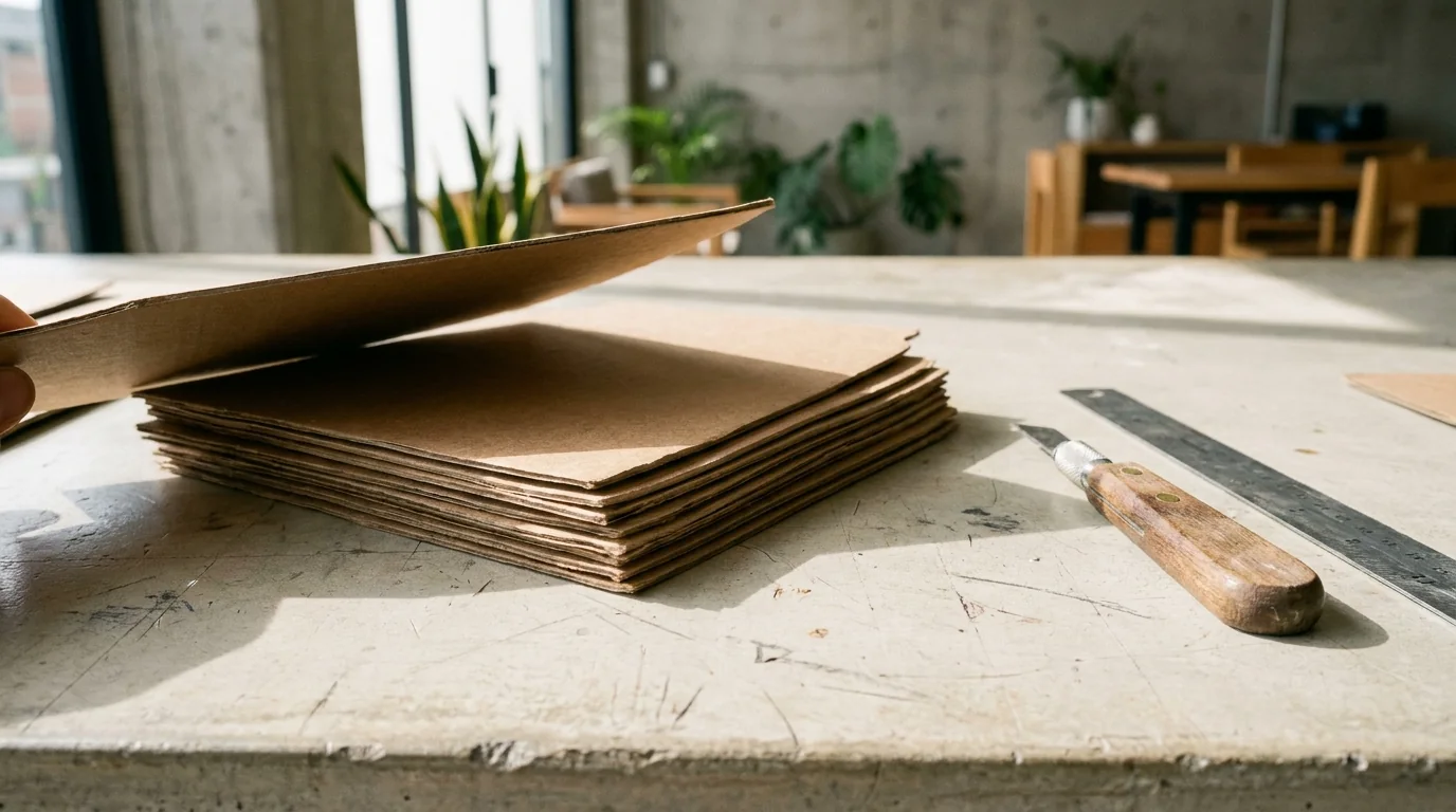 Muestras de papel y acabados dispuestas en una mesa de trabajo, junto a un cúter y una regla