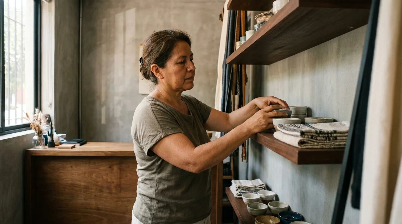 La dueña de una tienda pequeña acomoda piezas de cerámica en una repisa angosta