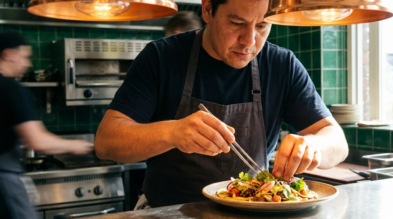 Cocinero emplatando en la barra de pase de un restaurante pequeño, con la comanda del día al lado