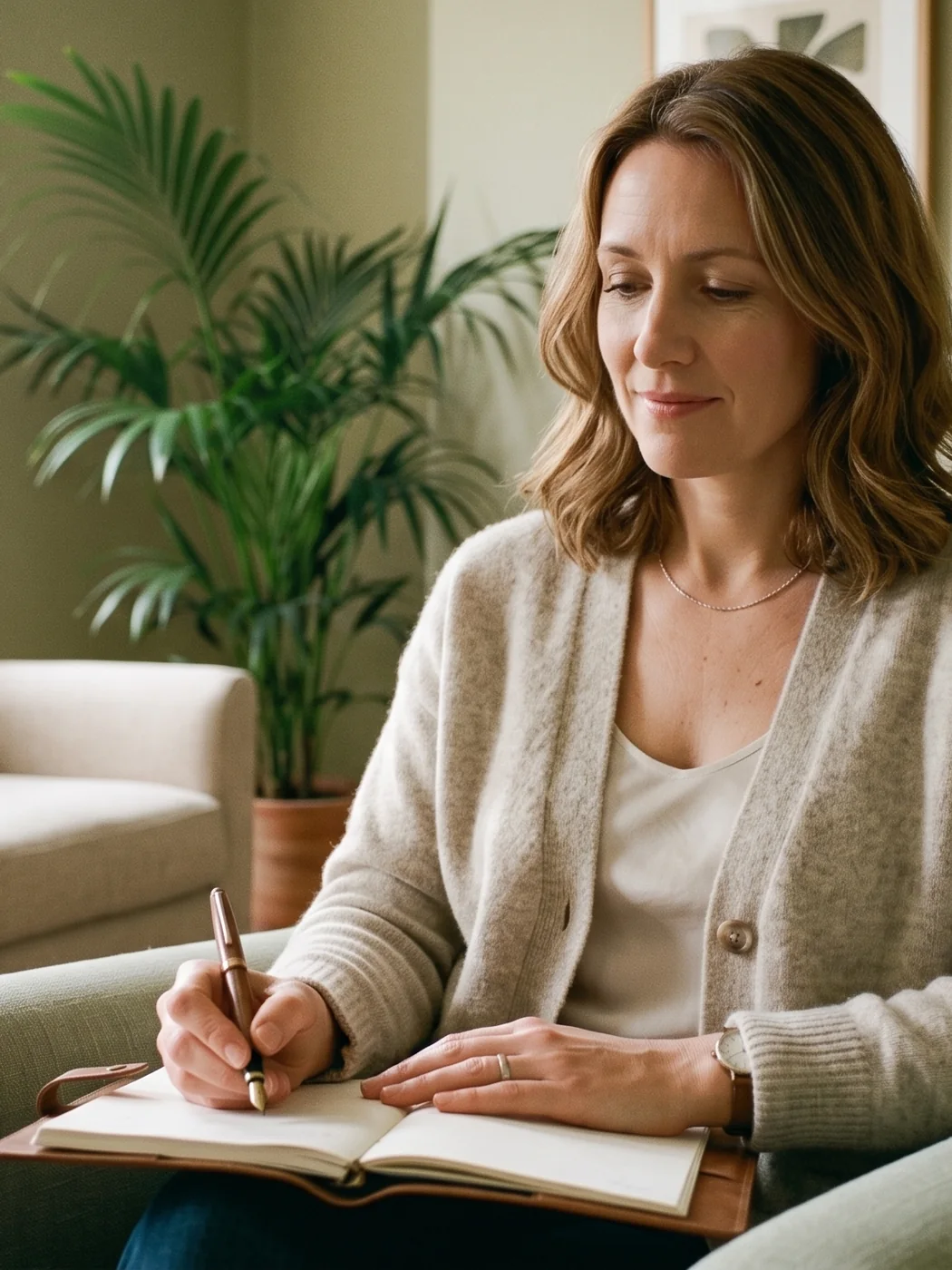 Retrato de una psicoterapeuta en su consultorio, sentada con una libreta, luz natural suave