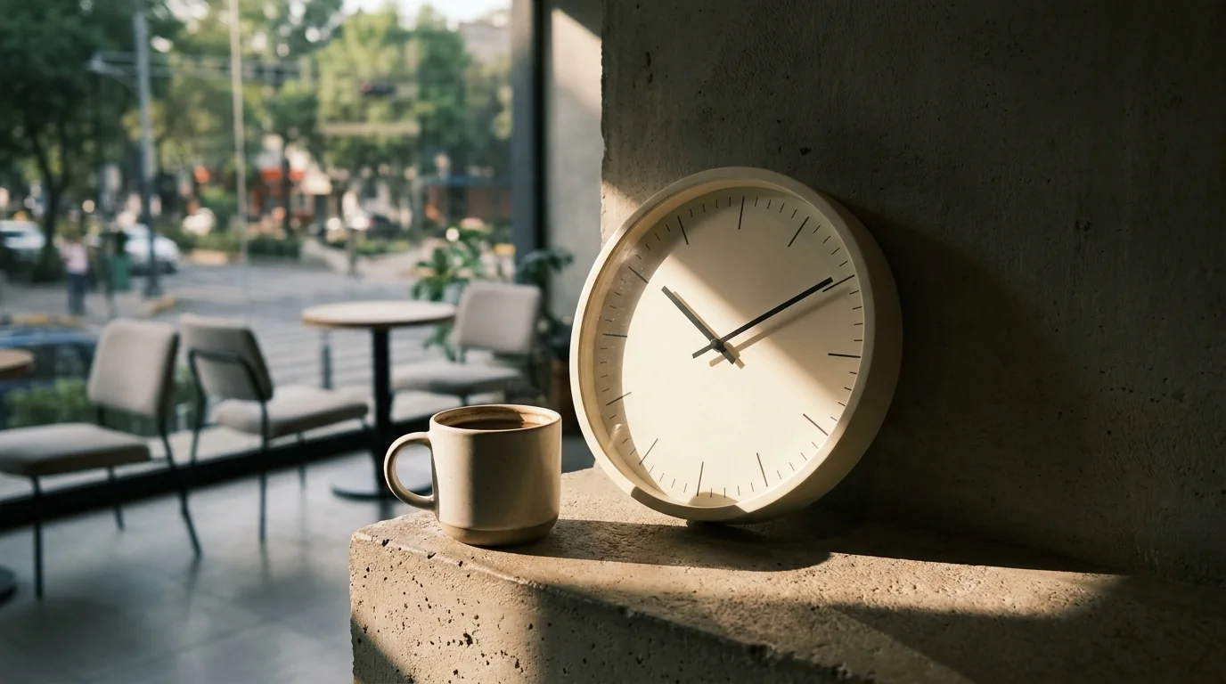 Reloj de pared y una taza sobre una repisa de concreto, con la luz de la tarde cruzando